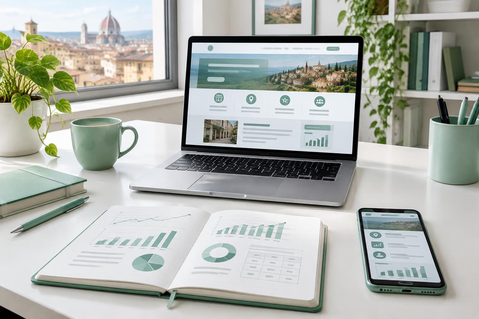 Sito web su computer e smartphone, con appunti e grafici per un audit digitale