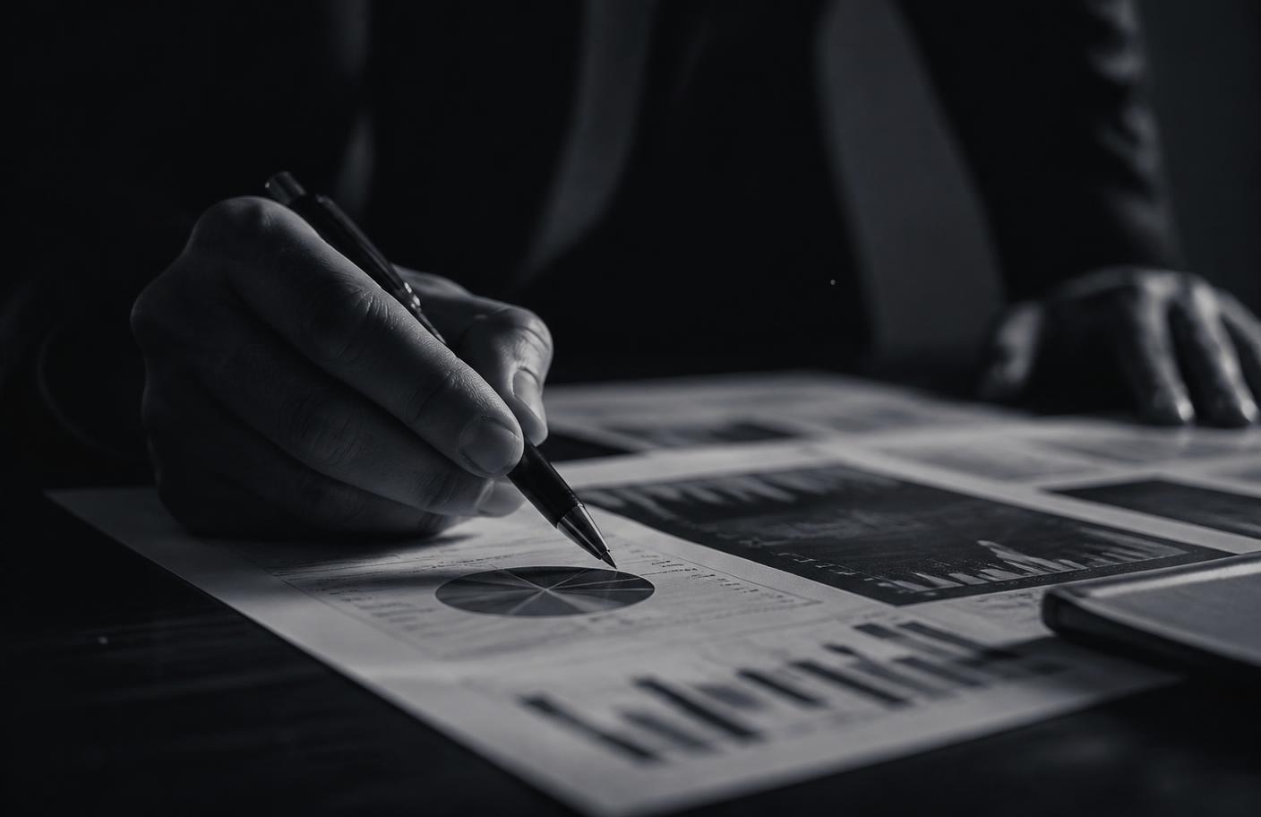 Analisi di dati e grafici stampati su una scrivania in penombra